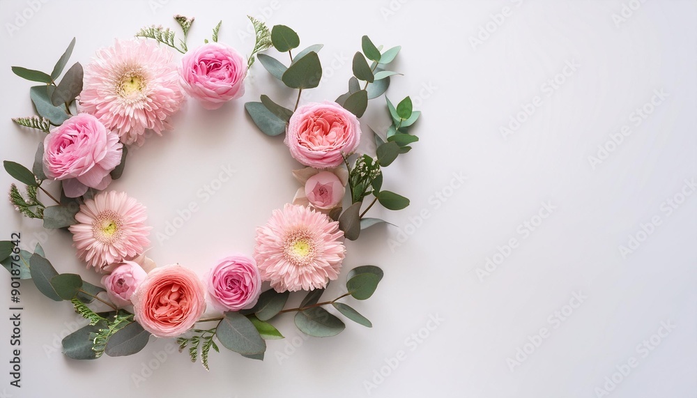 Flowers composition Wreath made of various pink flowers and eucalyptus branches on white background Flat lay top view copy space square Flowers composition Wreath made of various pink flowers and eucalyptus branches on white background Flat lay top view copy space square