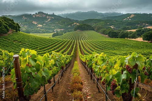 Lush Vineyard Rows in Overcast Weather photo