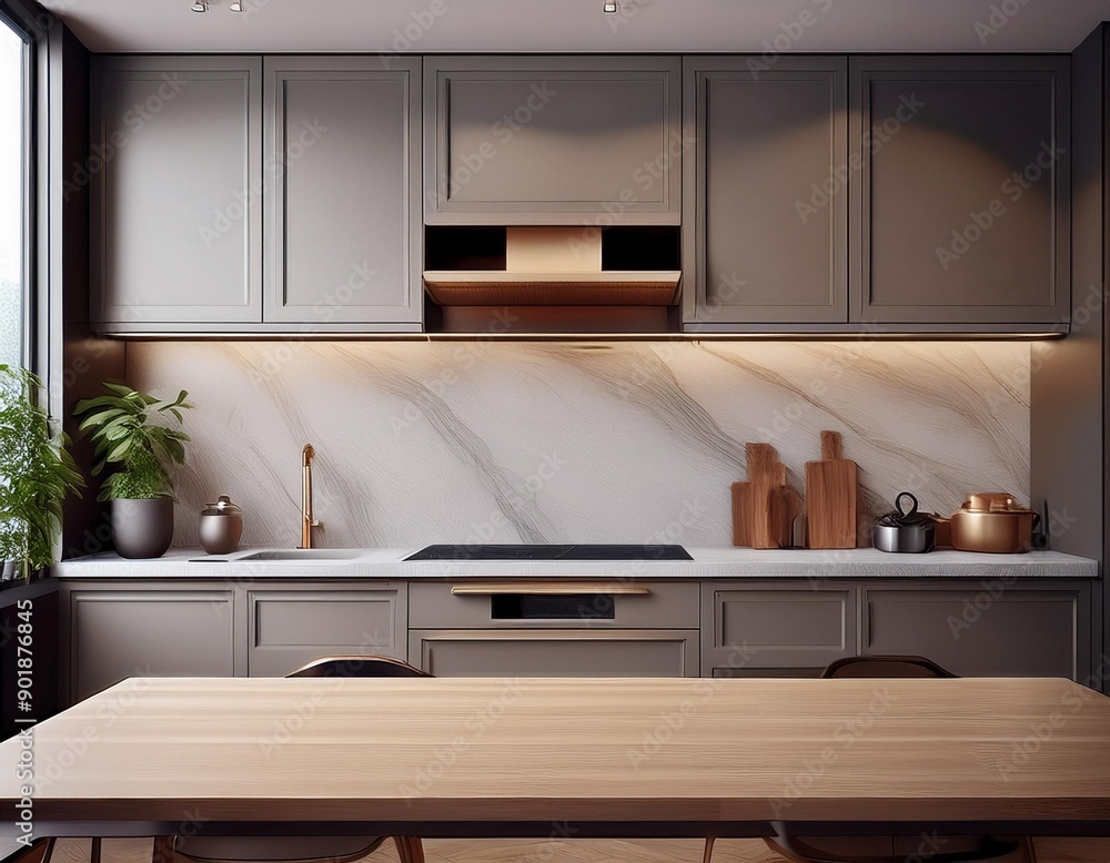 Front view of elegant interior with gray drawers under kitchen cabinet empty wooden table and marble countertop in room modern equipment for cooking well organized space for storage fo Front view of elegant interior with gray drawers under kitchen cabinet empty wooden table and marble countertop in room modern equipment for cooking well organized space for storage fo