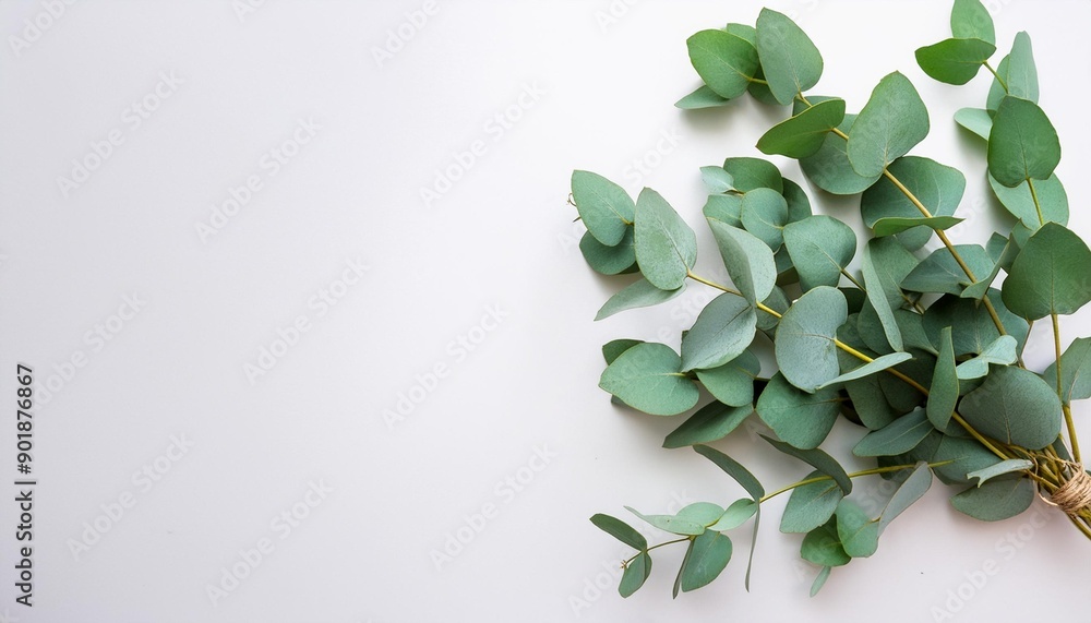 green eucalyptus leaves bouquet on a white background top view eucalyptus branch posterMinimal floral card green eucalyptus leaves bouquet on a white background top view eucalyptus branch posterMinimal floral card