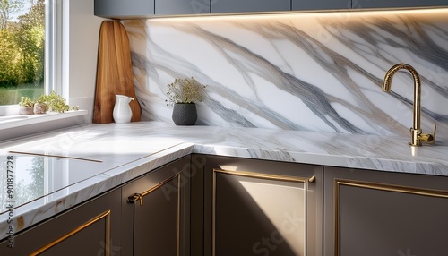 Marble kitchen bench top close up view showing mitred corner