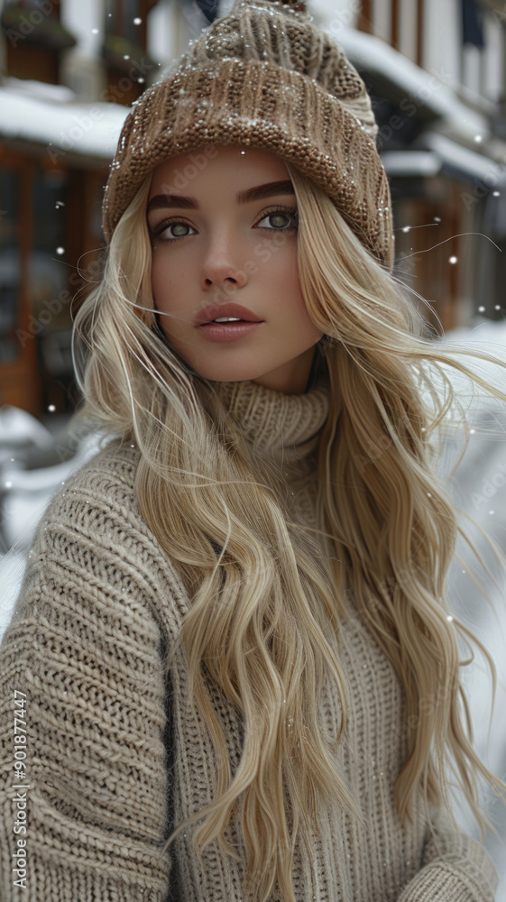 a 24-year-old beautiful woman with long golden blonde shiny hair, light grey eyes,exploring snowy city streets,generative ai
