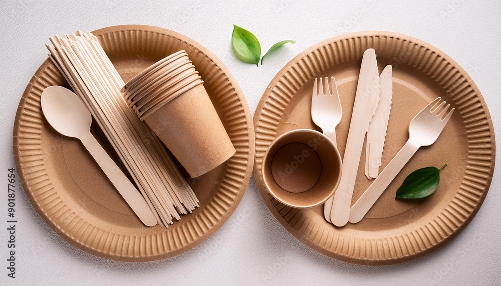 set of empty reusable disposable eco-friendly plates, cups, utensils on light white colored table background. top view. Biodegradable craft dishes. Recycling concept. Close-up. set of empty reusable disposable eco-friendly plates, cups, utensils on light white colored table background. top view. Biodegradable craft dishes. Recycling concept. Close-up.
