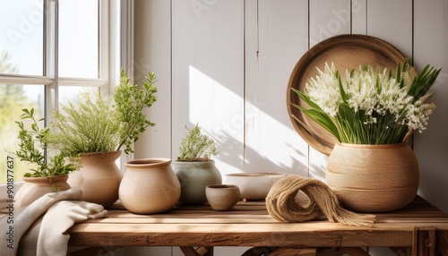 Spring home decor on reclaimed rustic bench top view of scandinavian interior details © Abele