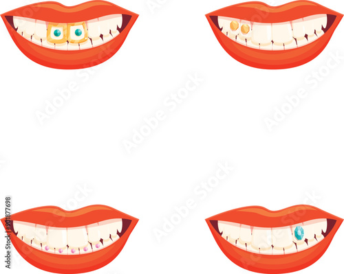 Tooth jewelry icons set cartoon vector. Human tooth decorated with gem. Aesthetic dentistry