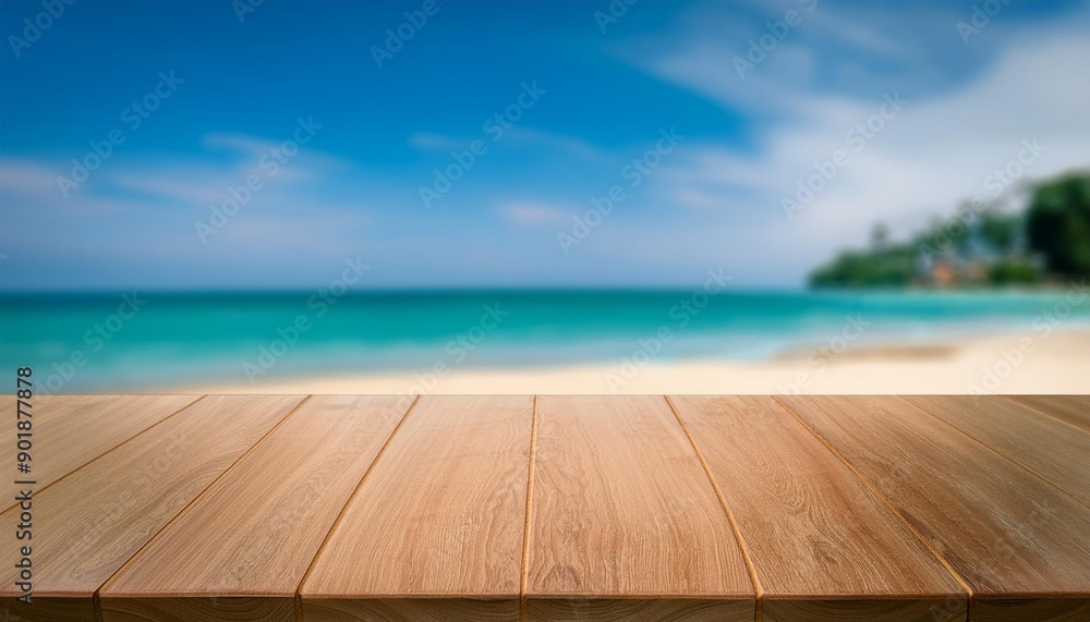 Table top view with blurred seascape summer beach background Flawless Table top view with blurred seascape summer beach background Flawless