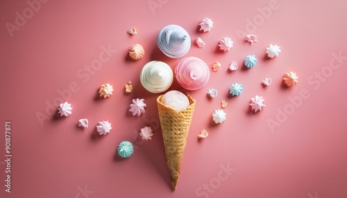 Table top view aerial image of sign or food of summer season holiday background conceptFlat lay of pastel ice cream on modern rustic pink paper backdropMinimalism creative design photo