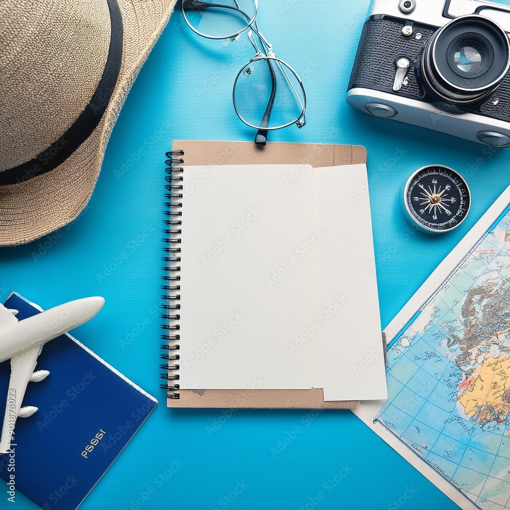 top view travel concept with retro camera films map passport and compass on blue background with copy space Tourist essentials vintage tone effect top view travel concept with retro camera films map passport and compass on blue background with copy space Tourist essentials vintage tone effect
