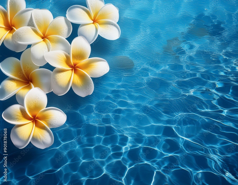 Tropical frangipani flowers on a blue water background Top view flat lay Tropical frangipani flowers on a blue water background Top view flat lay