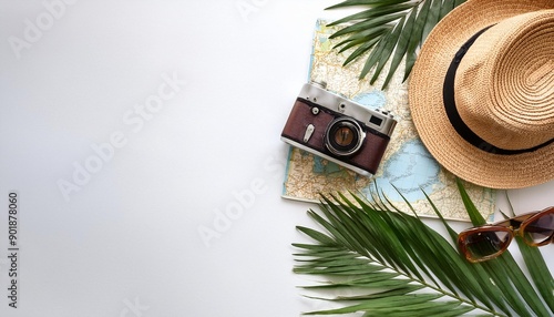 Traveler accessories on white background with retro camera straw hat bag sunglasses map and tropical palm leaf Top view travel or vacation concept Flat lay top view Summer background