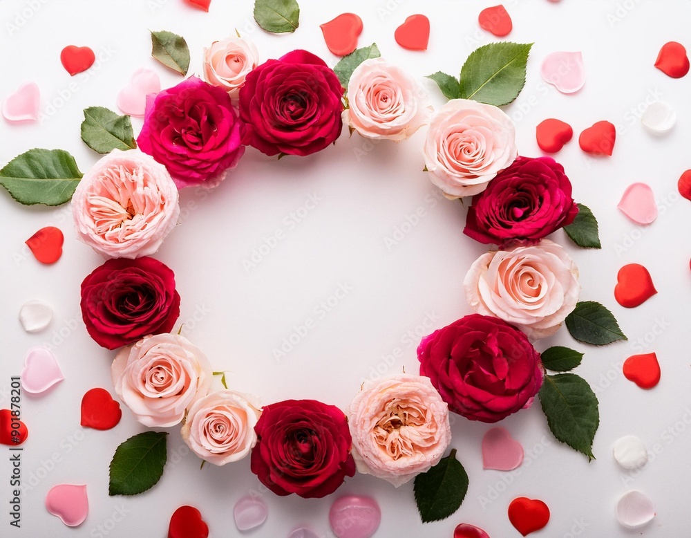 Valentines Day Flowers composition Round frame made of rose flowers confetti on white background Valentines day background Flat lay top view copy space Valentines Day Flowers composition Round frame made of rose flowers confetti on white background Valentines day background Flat lay top view copy space
