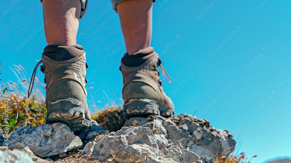 Close up hiking boots on rocky terrain, brown, blue, and green, adventurous exploration, a sense of freedom and accomplishment.
Close up hiking boots on rocky terrain, brown, blue, and green, adventurous exploration, a sense of freedom and accomplishment.
