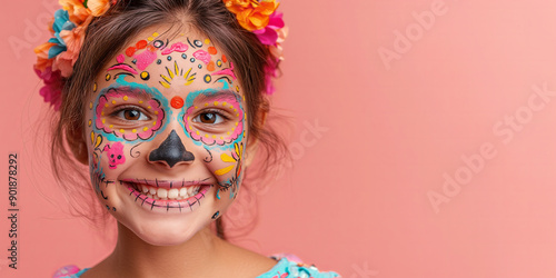 Vibrant Day of the Dead Celebration - Smiling Girl with Colorful Sugar Skull Makeup © mikhailberkut