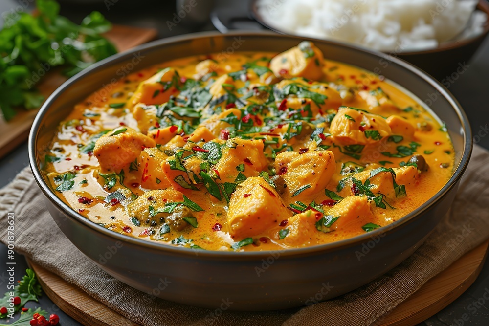 A bowl of curry with chicken and vegetables A bowl of curry with chicken and vegetables