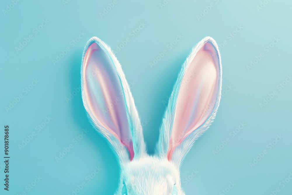 Obraz premium White rabbit ear on pastel blue background. Easter day. 3d rendering, camera panning around the rabbit ear