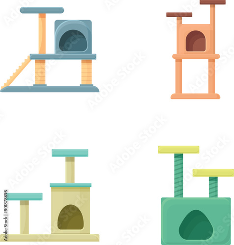 Cat tower icons set cartoon vector. Scratching post and cat house. Pet store assortment