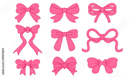 Set with bow ribbon. Set, collection of cute bows for girls. Cute coquette bow collection vector, romantic ribbon bow