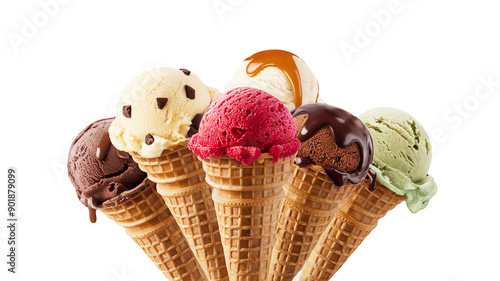 Ice cream scoop on waffle cone on transparent background easy cutout, PNG AI. Many assorted different flavor Mockup templates for artwork design.
