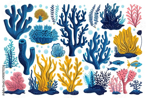 A set of ocean plants and fish, including a fish and a coral photo