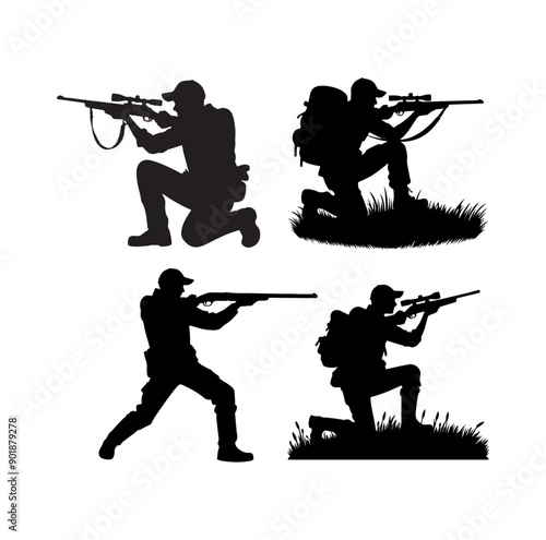 Set of men silhouettes hunting and enjoying the outdoor activity 