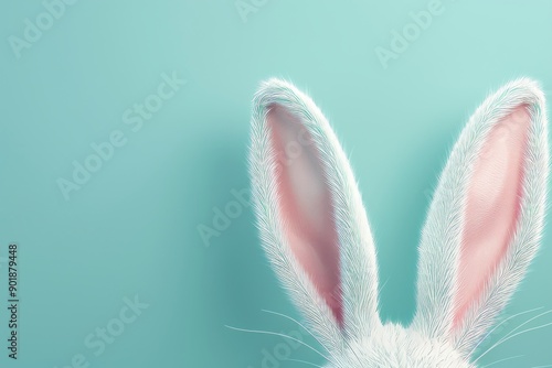 White rabbit ear on pastel blue background. Easter day. 3d rendering, camera focused on the details of the rabbit ear