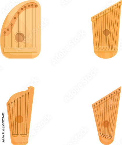 Retro gusli icons set cartoon vector. Slavic stringed musical instrument. Chord equipment