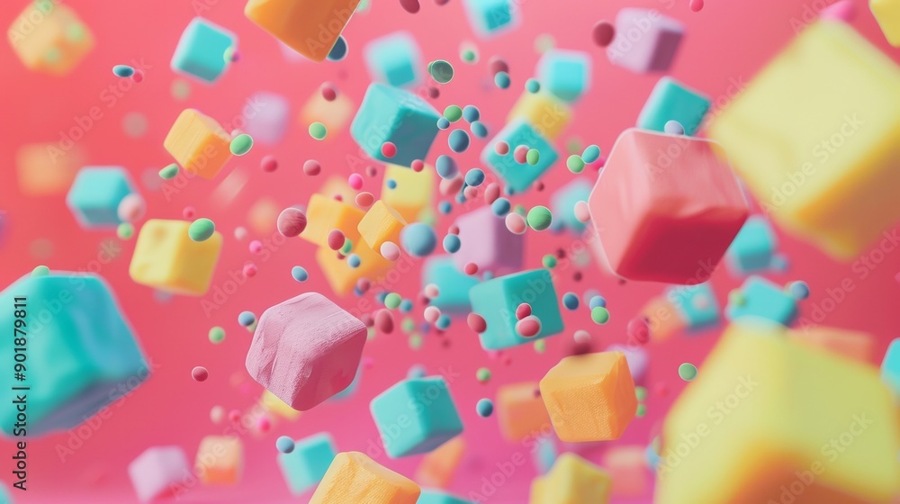 Naklejka premium Colorful 3D shapes floating in a pink background