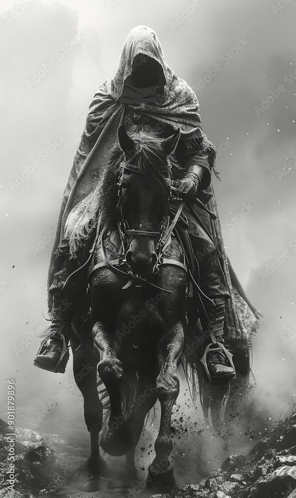 Naklejka premium hooded warrior on horseback. Realistic. Riding into battle. Roman greek aesthetic.generative ai