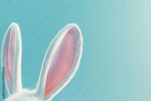 White rabbit ear on pastel blue background. Easter day. 3d rendering, camera zoomed in on the rabbit ear