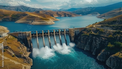 Aerial View of Hydroelectric Dam and Reservoir photo