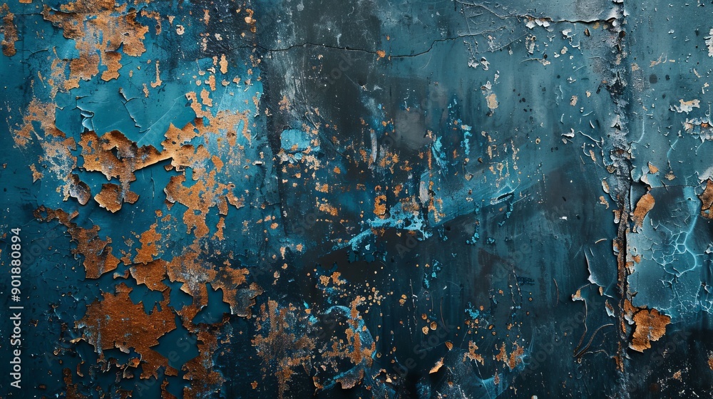 A dirty, rusty metallic board with blue paint stains, presenting an abstract grunge background with brush-painted blue artwork on an old metal panel A dirty, rusty metallic board with blue paint stains, presenting an abstract grunge background with brush-painted blue artwork on an old metal panel