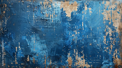 A dirty, rusty metallic board with blue paint stains, presenting an abstract grunge background with brush-painted blue artwork on an old metal panel