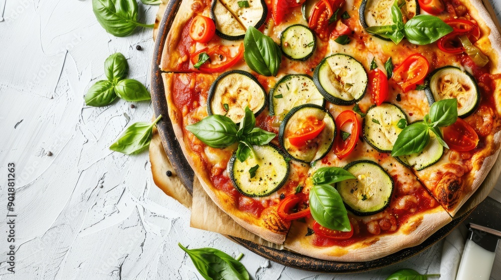 Retro style Courgette Pizza Close up on White Background Retro style Courgette Pizza Close up on White Background