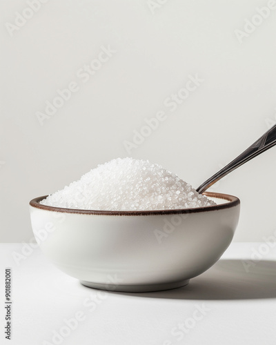 Close-up of a bowl filled with granulated sugar with a spoon, isolated on a white background