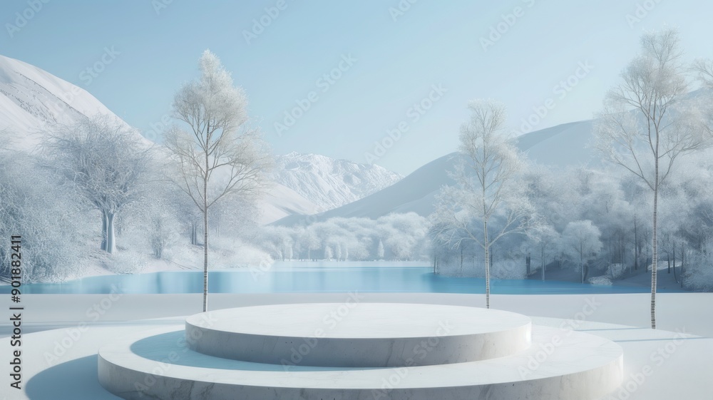 Fototapeta premium Surreal Beautiful Dream land background. Abstract Dune in winter season landscape with geometric arch. Escapism minimal atmospheric illustration. Christmas mood 3d render. Glass, mirror, wate and ice