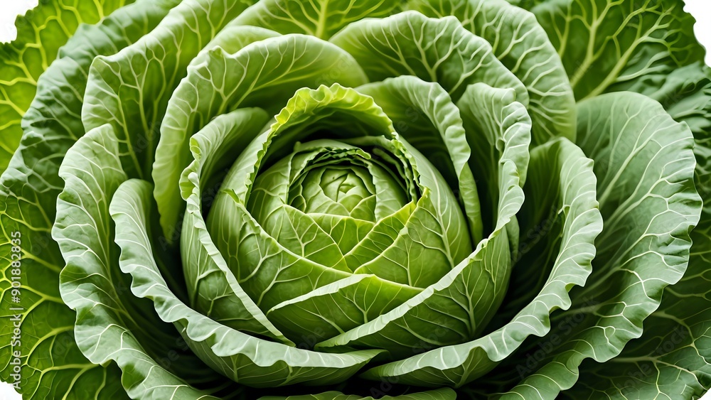 Close-up of a fresh green cabbage head with intricate leaf patterns. Close-up of a fresh green cabbage head with intricate leaf patterns.