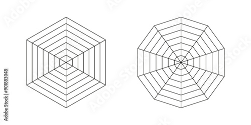 Radar, spider diagram template. Spider web chart, mesh. Hexagon, decagon, polygon statistics graph. Diagram for statistic and analytic. Blank radar charts. Coaching tool. Segmented grid.