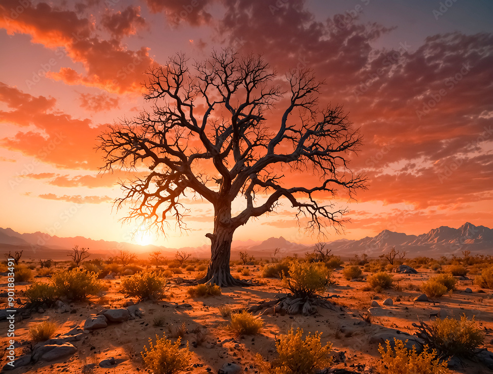 Withered tree in the desert at sunset Withered tree in the desert at sunset
