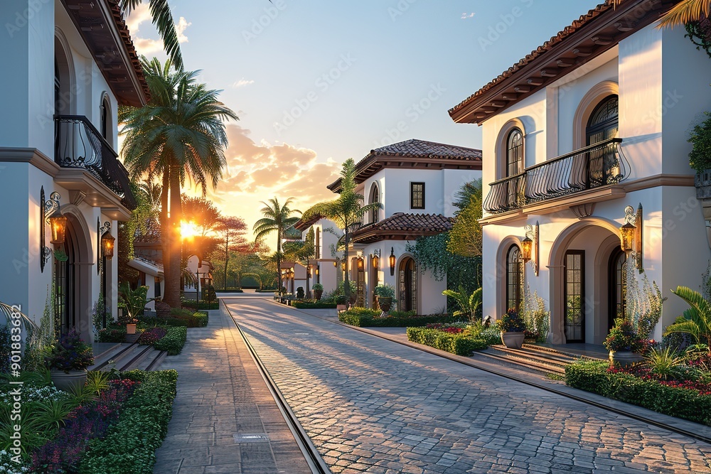 A street with a row of houses and palm trees A street with a row of houses and palm trees