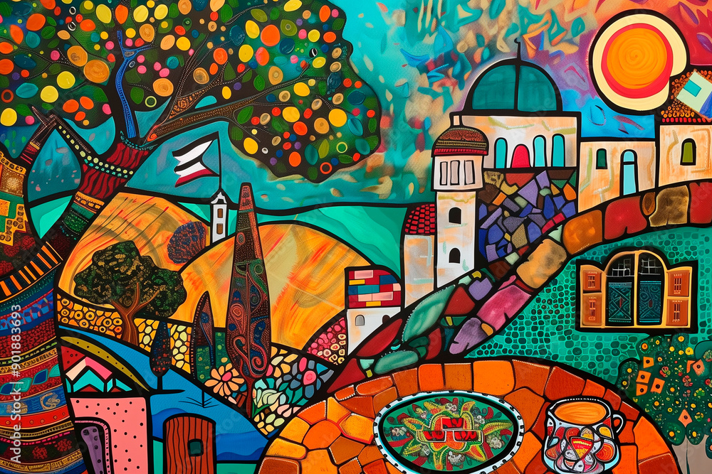 symbols of Lebanon. Include elements such as the Cedars of Lebanon, a plate of tabbouleh, the Jeita Grotto, a Lebanese flag, a traditional Lebanese house with red tiles, and a cup of Lebanese coffee. symbols of Lebanon. Include elements such as the Cedars of Lebanon, a plate of tabbouleh, the Jeita Grotto, a Lebanese flag, a traditional Lebanese house with red tiles, and a cup of Lebanese coffee.