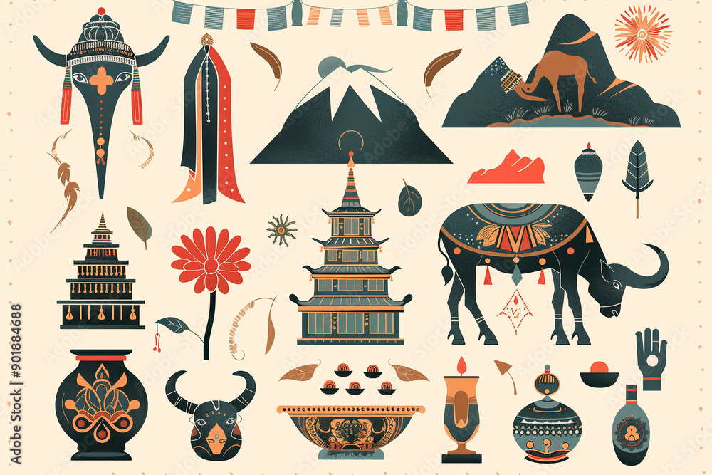 symbols that represent Nepal. Include items like Mount Everest, a