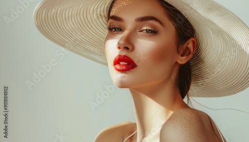 fashion portrait of caucasian luxurious woman with red lips in wide brimmed hat on light background