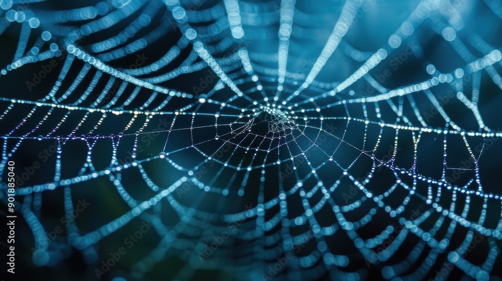 Close-up of a spider web with dewdrops, featuring a symmetrical pattern, a central hub, and radiating lines Close-up of a spider web with dewdrops, featuring a symmetrical pattern, a central hub, and radiating lines