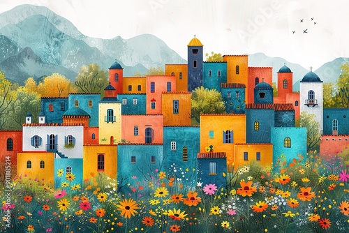 Fototapeta Naklejka Na Ścianę i Meble -  A colorful painting of a town with houses in various colors