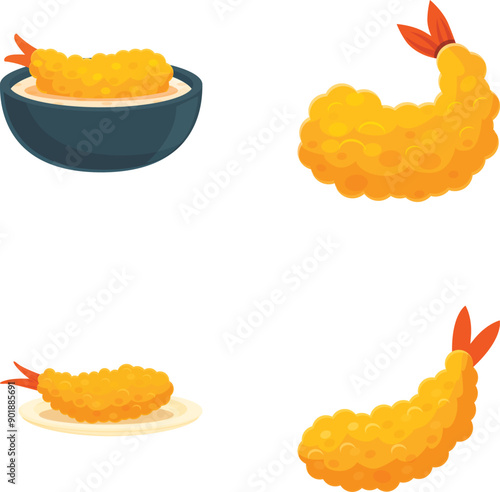 Collection of cartoon shrimp tempura in different presentations, isolated on white