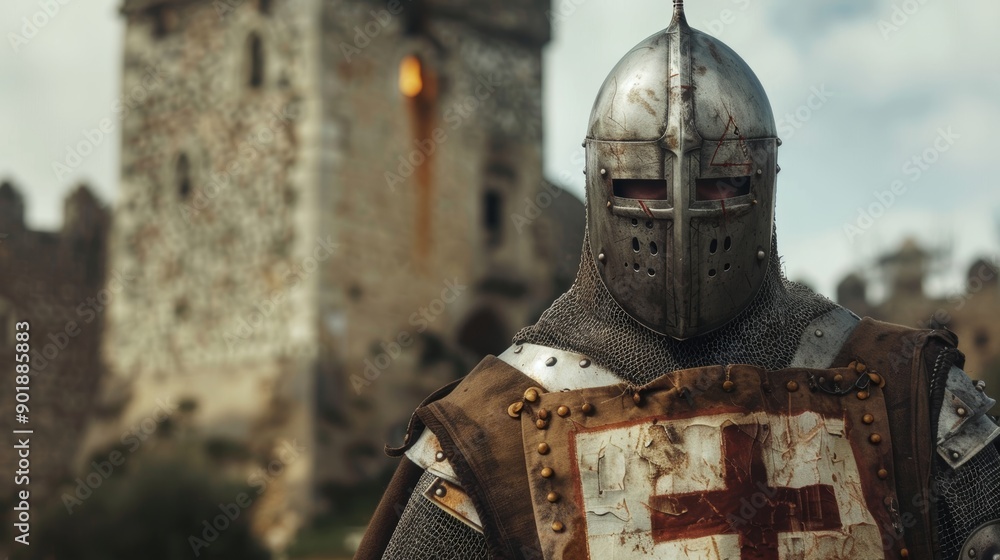 Medieval knight with helmet and armor in front of castle. Bravery warrior Medieval knight with helmet and armor in front of castle. Bravery warrior