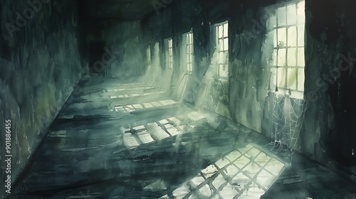 Empty stone ancient hall inside of old prison hall or castle dungeon with bars on the windows and light of sun beams. Watercolor painting.

