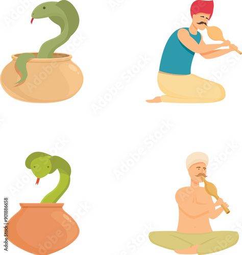 A collection of illustrations featuring a snake charmer and a cobra in different poses