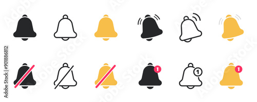 Notification bell icon set. Alarm symbol. Incoming message symbol. Bell for subscribe, alarm and push chat alert. New notification, reminder. Golden bell shakes to alert you to an upcoming schedule
