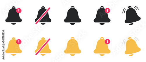 Notification bell icon set. Alarm symbol. Incoming message symbol. Bell for subscribe, alarm and push chat alert. New notification, reminder. Golden bell shakes to alert you to an upcoming schedule